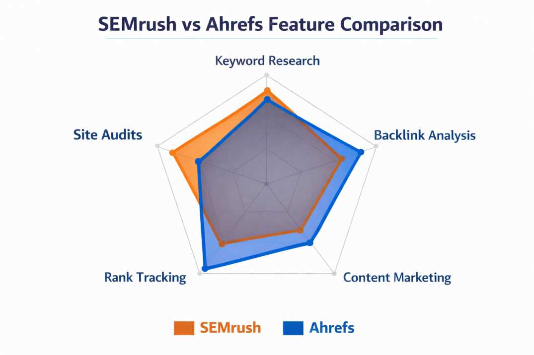 Semrush vs Ahrefs feature comparison radar chart showing relative strengths in different SEO categories